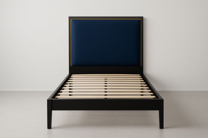 Letto 90x200 in Faggio Nero Opaco con Testiera Imbottita Blu e Doghe in Betulla