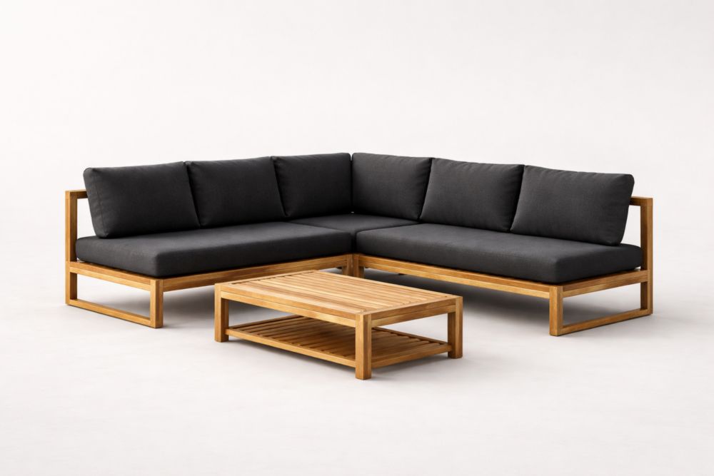 Divano angolare da giardino in teak con cuscini in poliestere nero