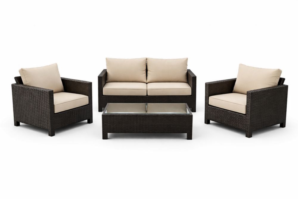 Set Divano da Esterno in Rattan Sintetico con Cuscini in Poliestere 4 Pezzi Marrone