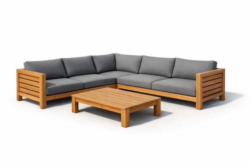 Divano angolare in legno con cuscini grigi
