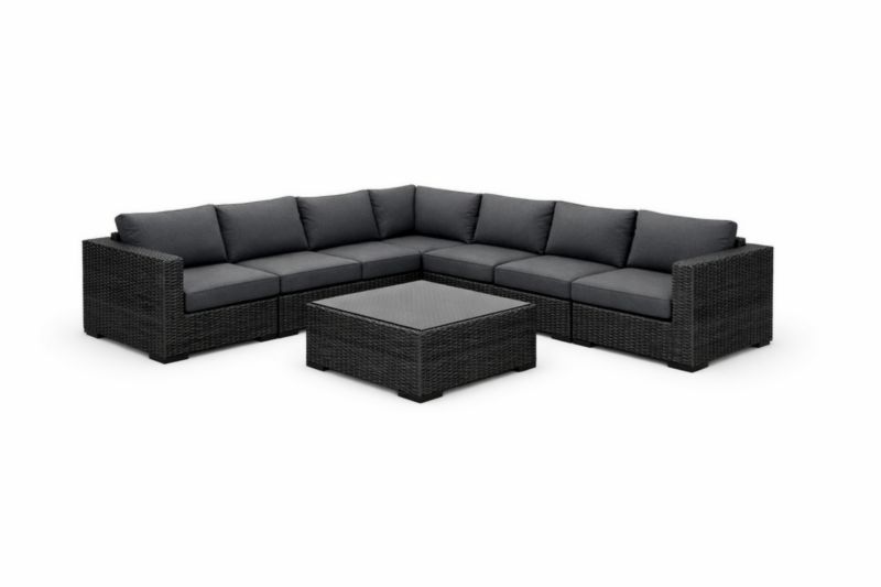 Set Divano Angolare Modulare in Rattan Sintetico con Tavolino e Cuscini Grigio Scuro