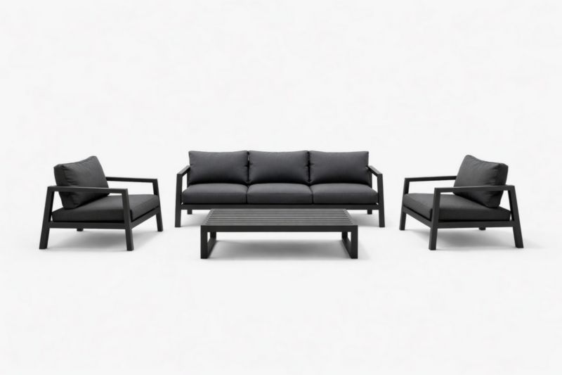 Set Divano in Metallo Nero con Cuscini Grigi per Esterno