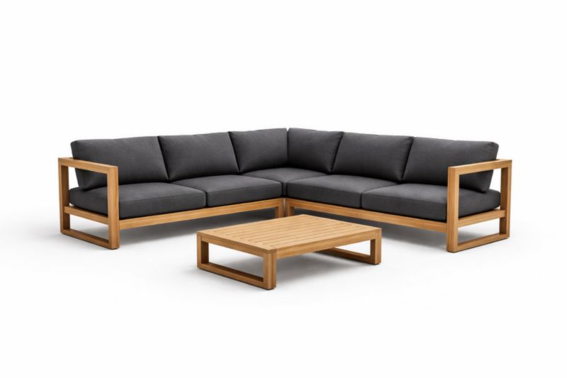 Divano angolare in legno di teak e tavolino con cuscini grigi