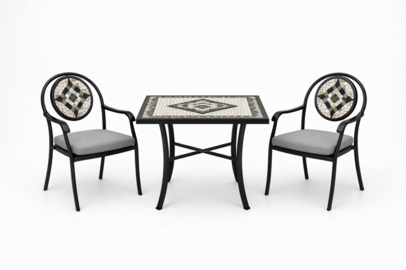 Set da Giardino Tavolo Mosaico Quadrato con 2 Sedie Metallo Nero