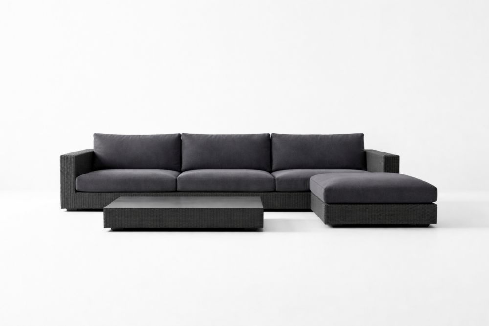 Divano modulare in tessuto e rattan grigio scuro con tavolino