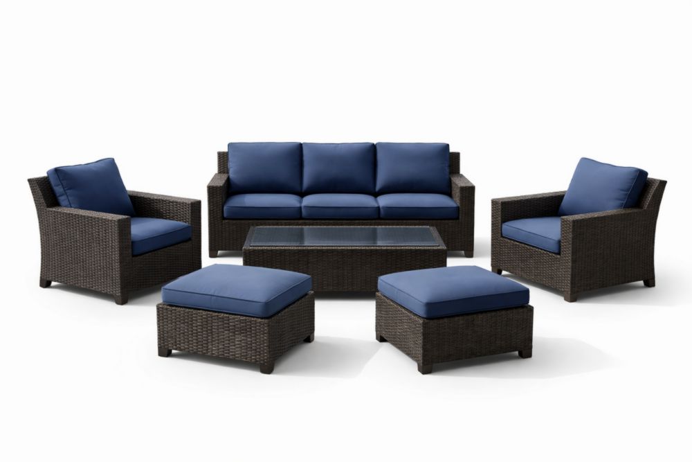 Set di Mobili da Giardino in Rattan con Cuscini Blu