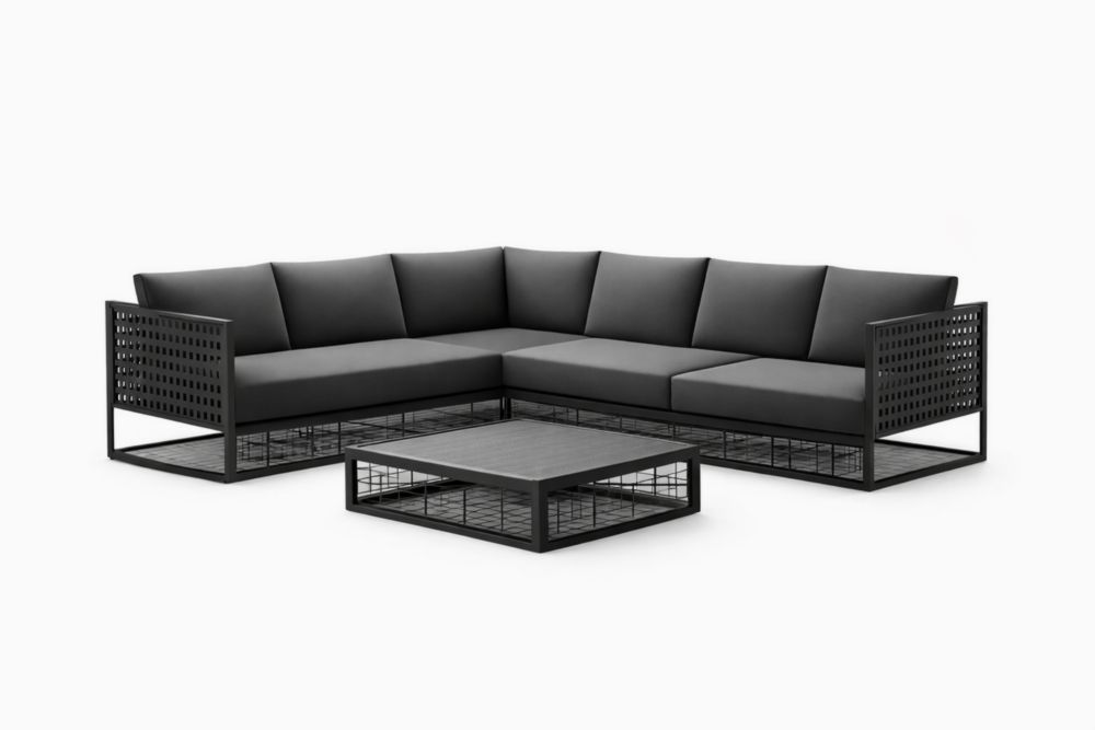 Set Divano Angolare da Esterno in Metallo e Tessuto Nero