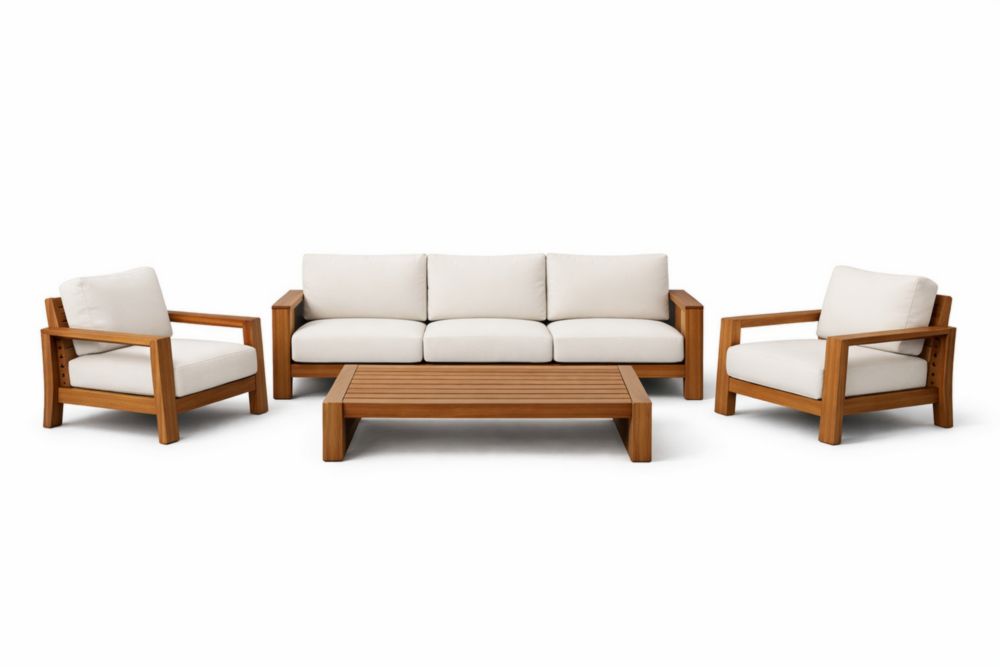 Set divano da giardino in legno con cuscini crema