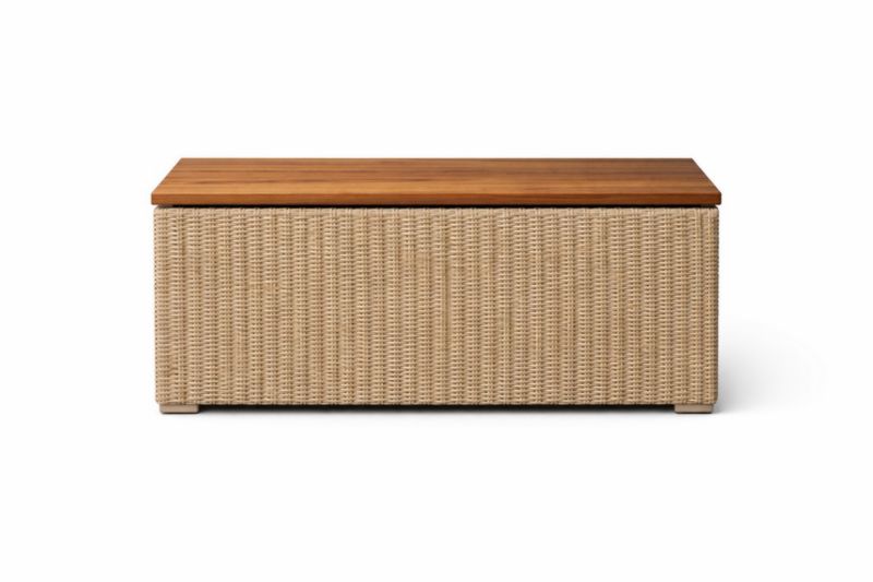 Panca contenitore in legno di acacia e rattan intrecciato beige