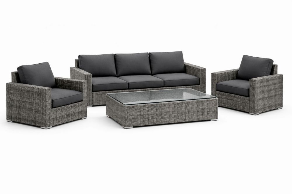 Set divano da giardino in rattan grigio con cuscini neri