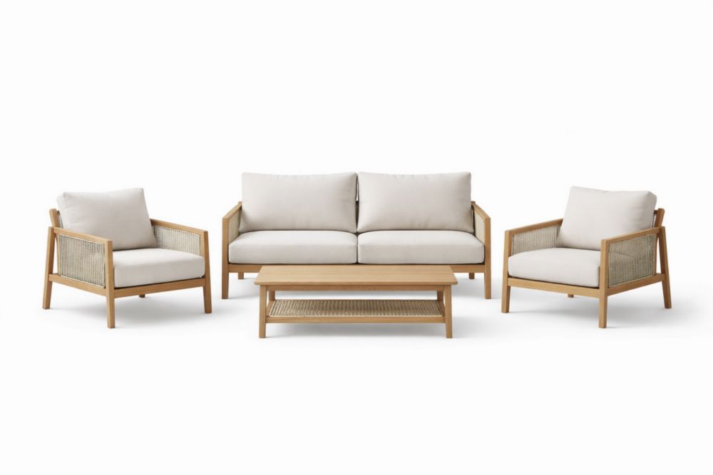 Set mobili da giardino in legno con cuscini in tessuto beige