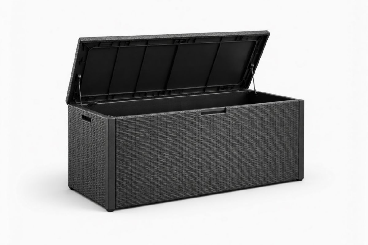 Baule contenitore da esterno in rattan sintetico nero 123x53x57 cm