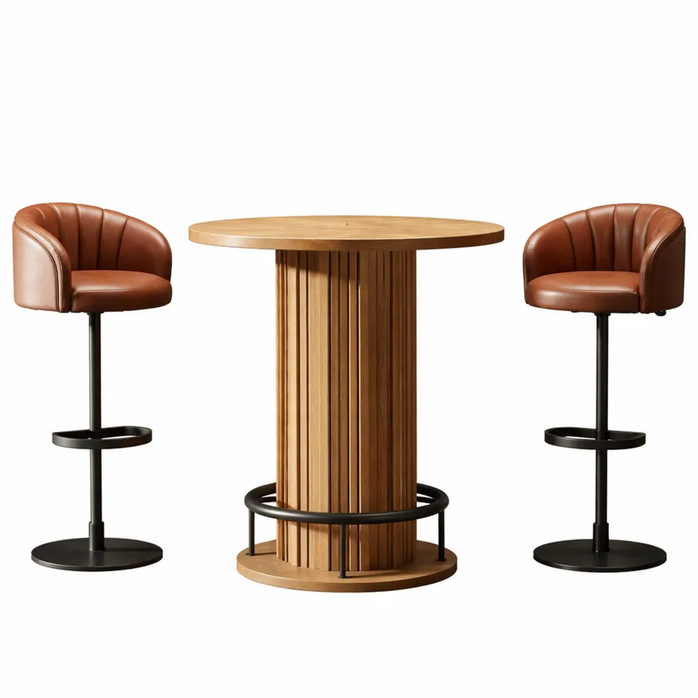 Table haute ronde en bois avec repose-pieds en métal pour salle à manger et café