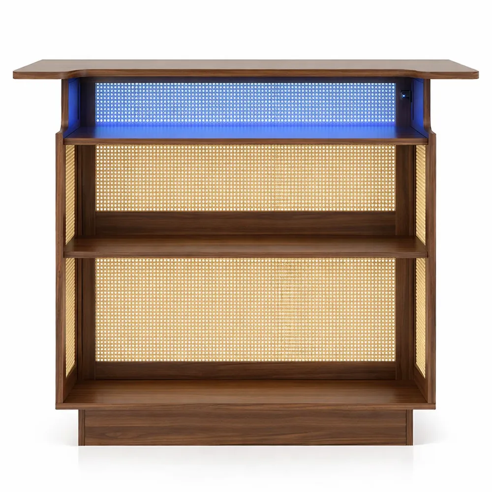 Table de bar en rotin avec éclairage LED et porte-verres, design industriel