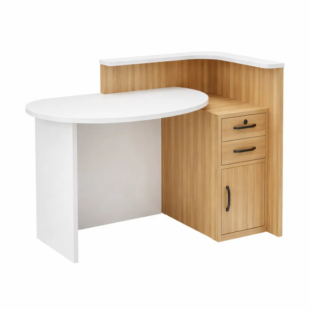 Comptoir d'accueil moderne en L avec tiroirs et étagères ouvertes