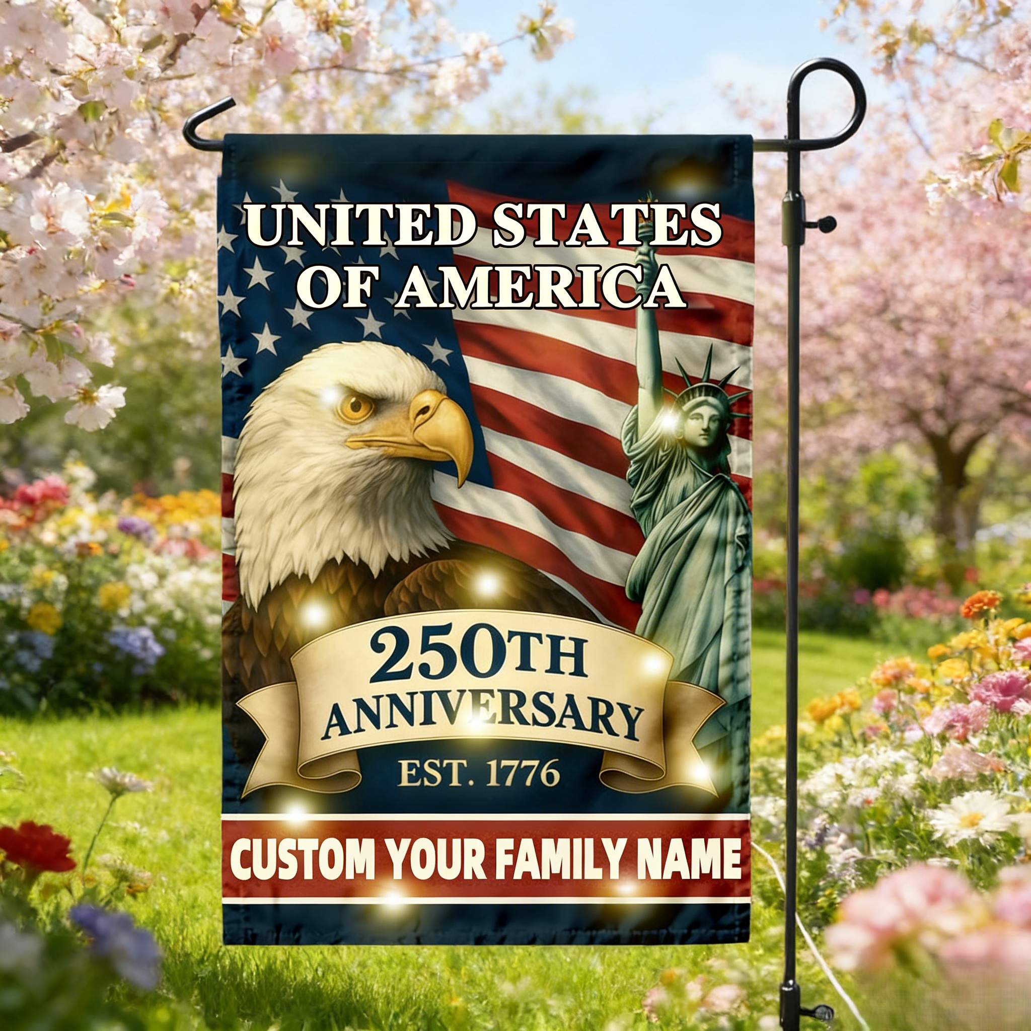 Custom Family Name Celebrate America 250th Anniversary Garden Flag Patriotic Gifts