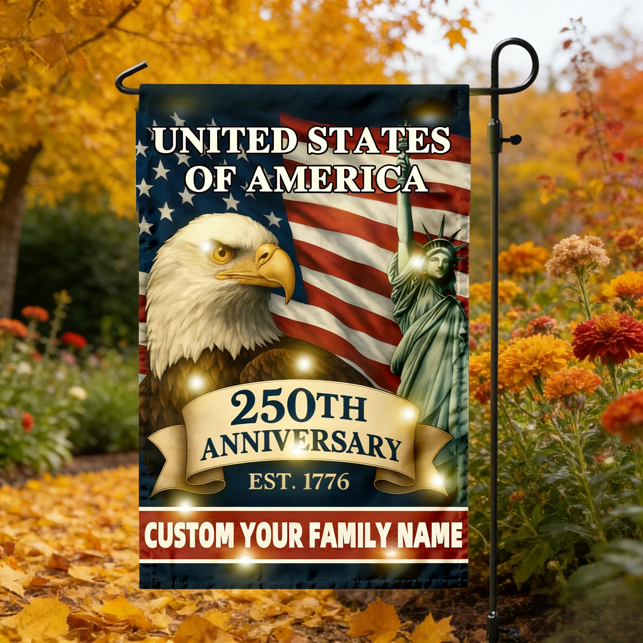 Custom Family Name Celebrate America 250th Anniversary Garden Flag Patriotic Gifts