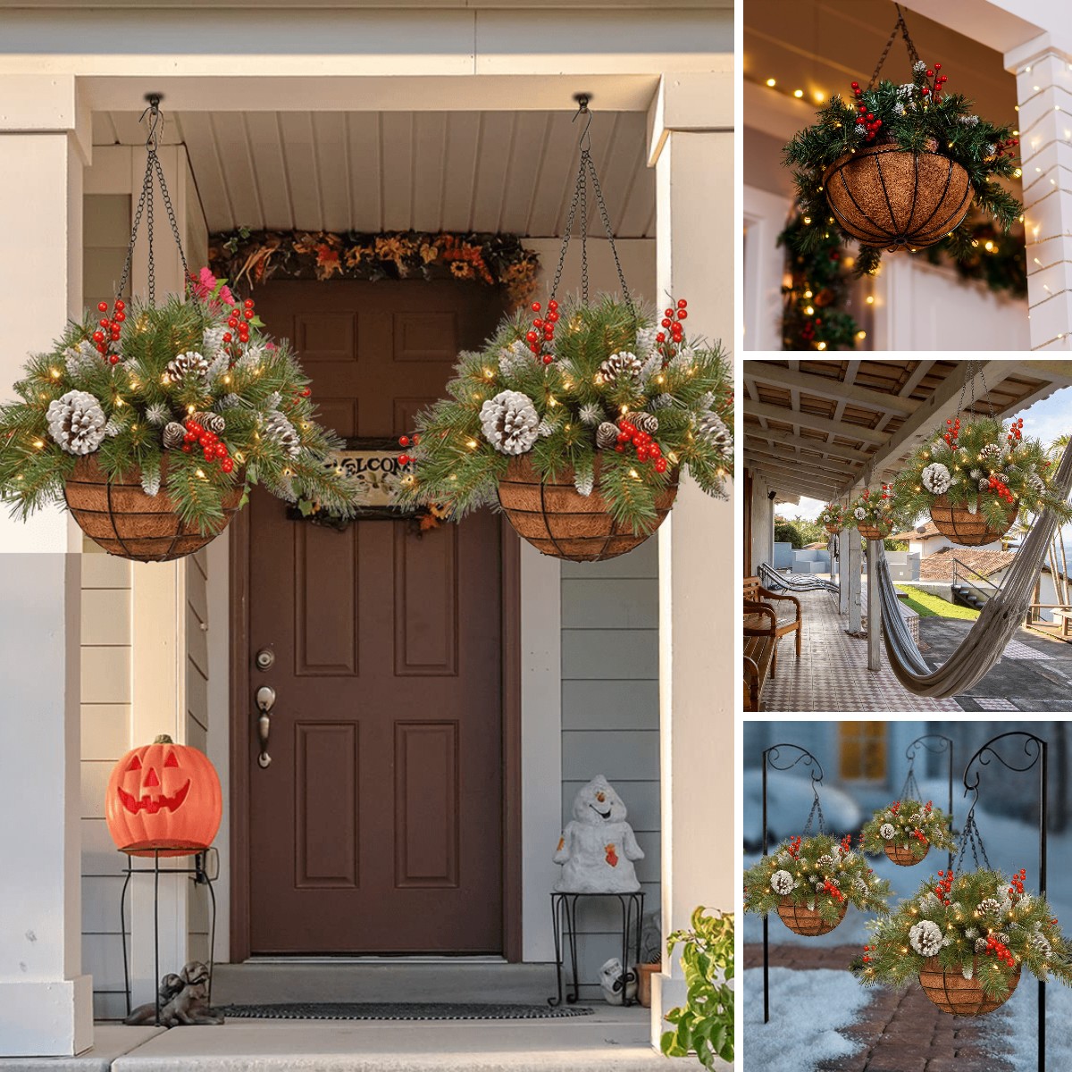 🎄Christmas Hanging Basket - Flocked with Mixed Decorations and White LED Lights - Frosted Berry