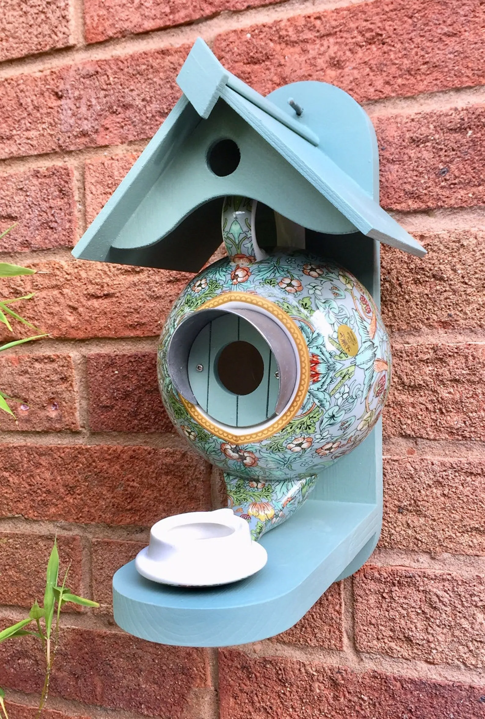 William Morris Teal Teapot Bird House and Feeder