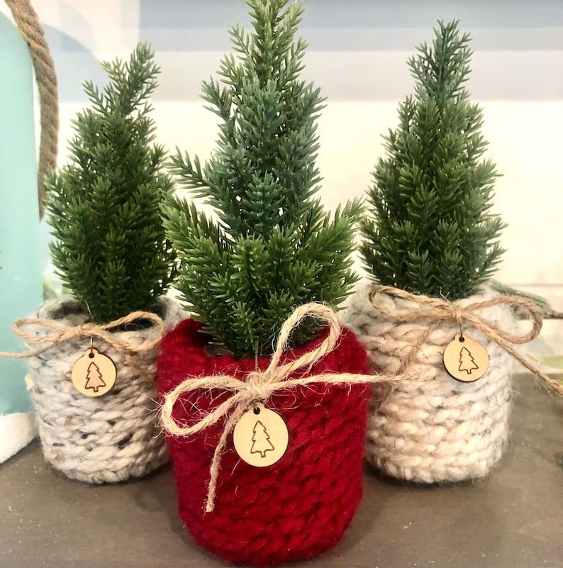 Mini Faux Christmas Tree Knitted Planter Christmas Ornaments