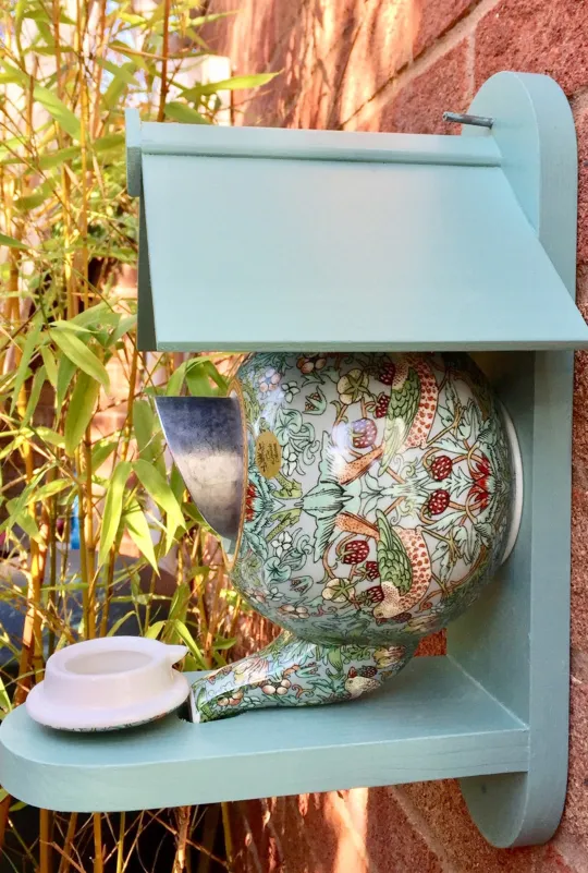 William Morris Teal Teapot Bird House and Feeder