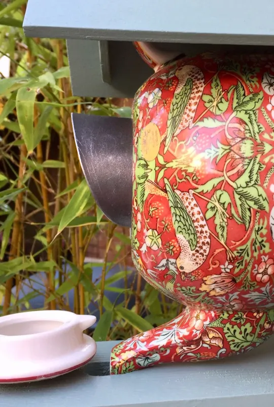 William Morris Teal Teapot Bird House and Feeder