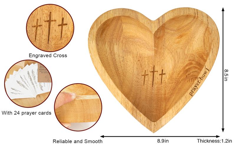 Wooden Heart Shaped Prayer Bowl with 24 Prayer Cards, Handcrafted Vintage Prayer Bowl with Cross & Letter Pattern, Religious Decorations for Home Living Room Bedroom Church Ornaments Christian Ornaments, Thanksgiving Home Decor, Thanksgiving Hostess Gifts