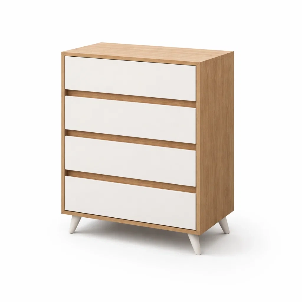 Cassettiera in legno mdf bianco e naturale con quattro cassetti-HOMEBLISSLIVING