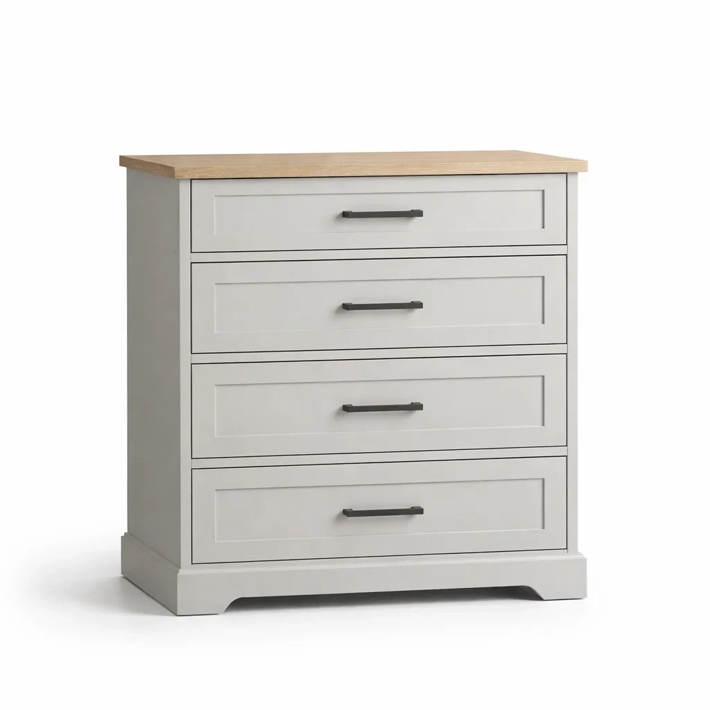 Cassettiera in legno massello grigio e quercia con quattro cassetti-HOMEBLISSLIVING