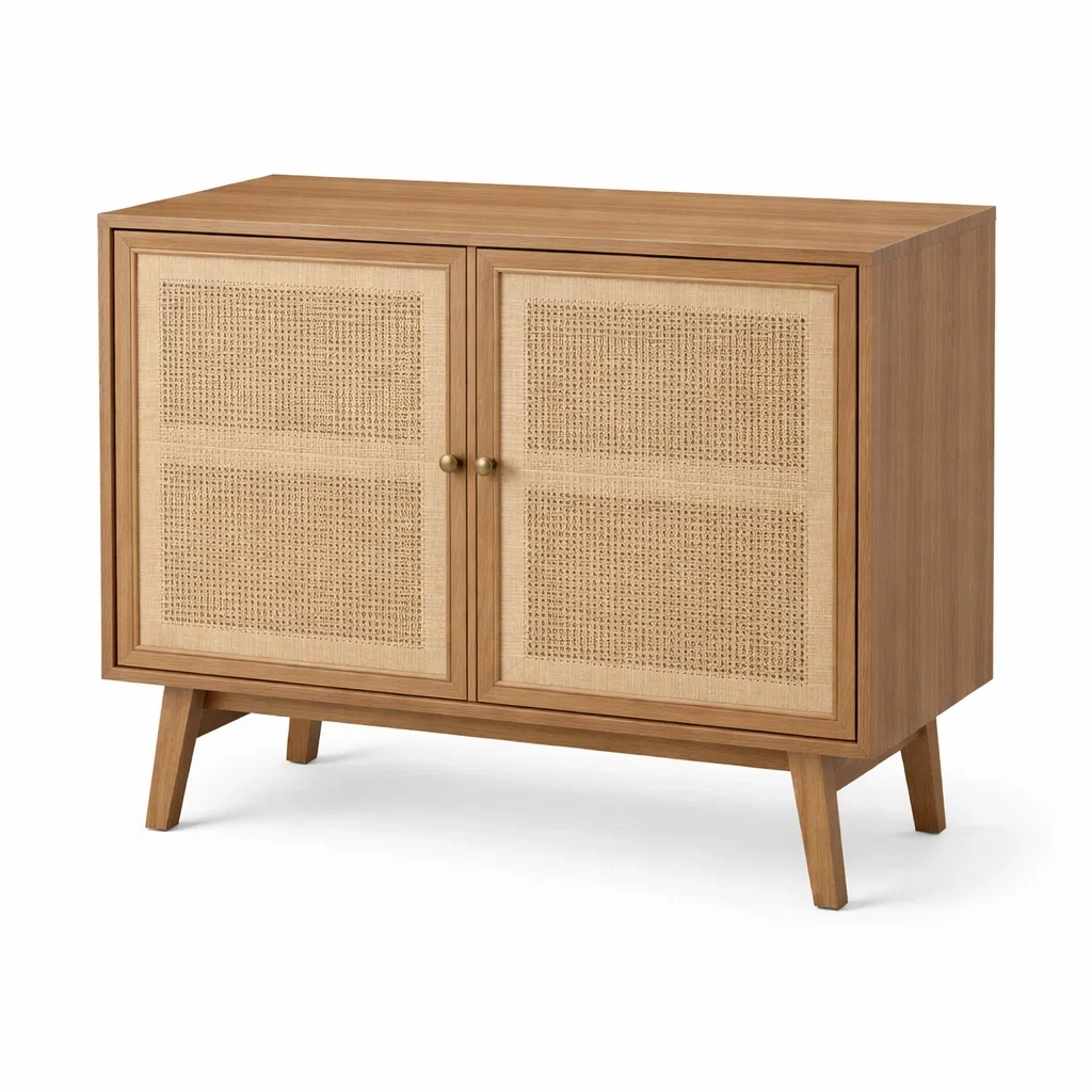 Credenza in legno massello e rattan-HOMEBLISSLIVING