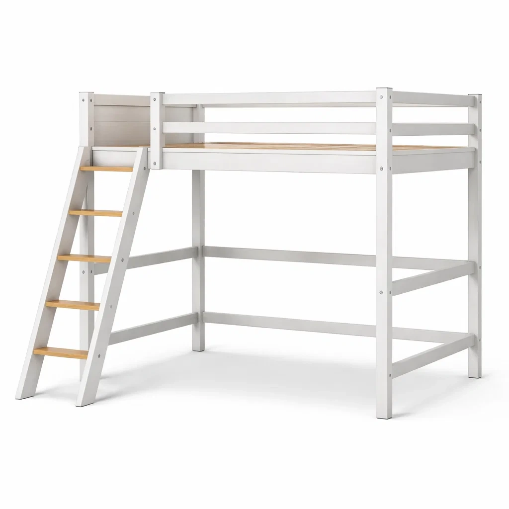 Letto a soppalco in legno con scala bianca-HOMEBLISSLIVING