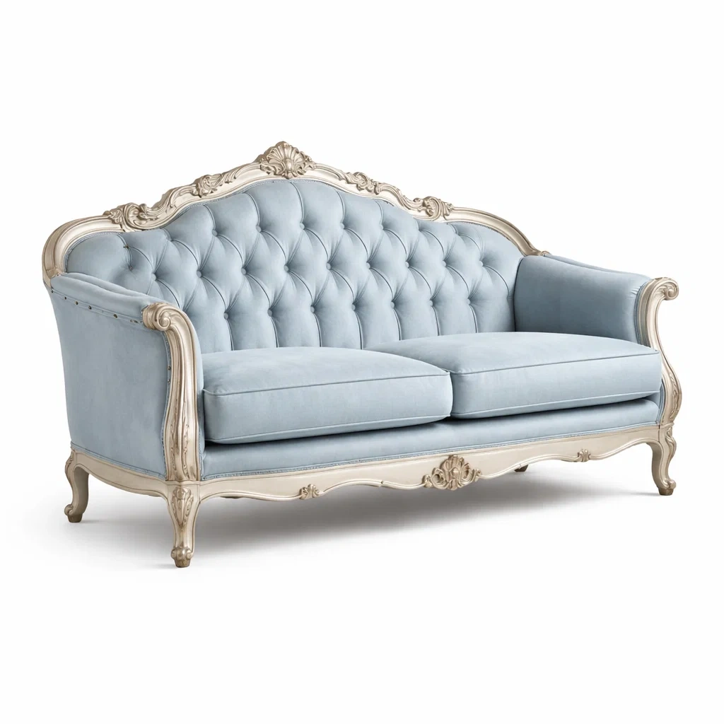 Divano in velluto azzurro con struttura in legno intagliato-HOMEBLISSLIVING