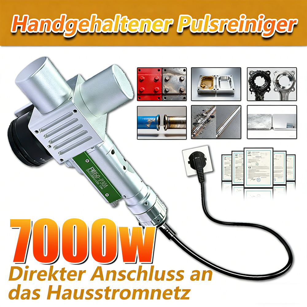 Handgeführter Puls-Laserreiniger mit 12000 W Leistung. Entfernt Rost, Öl, Farbe und Verschmutzungen auf Metall, Holz und Stein. Mehrere Reinigungsmodi für flexible, materialschonende Industrieanwendungen.
