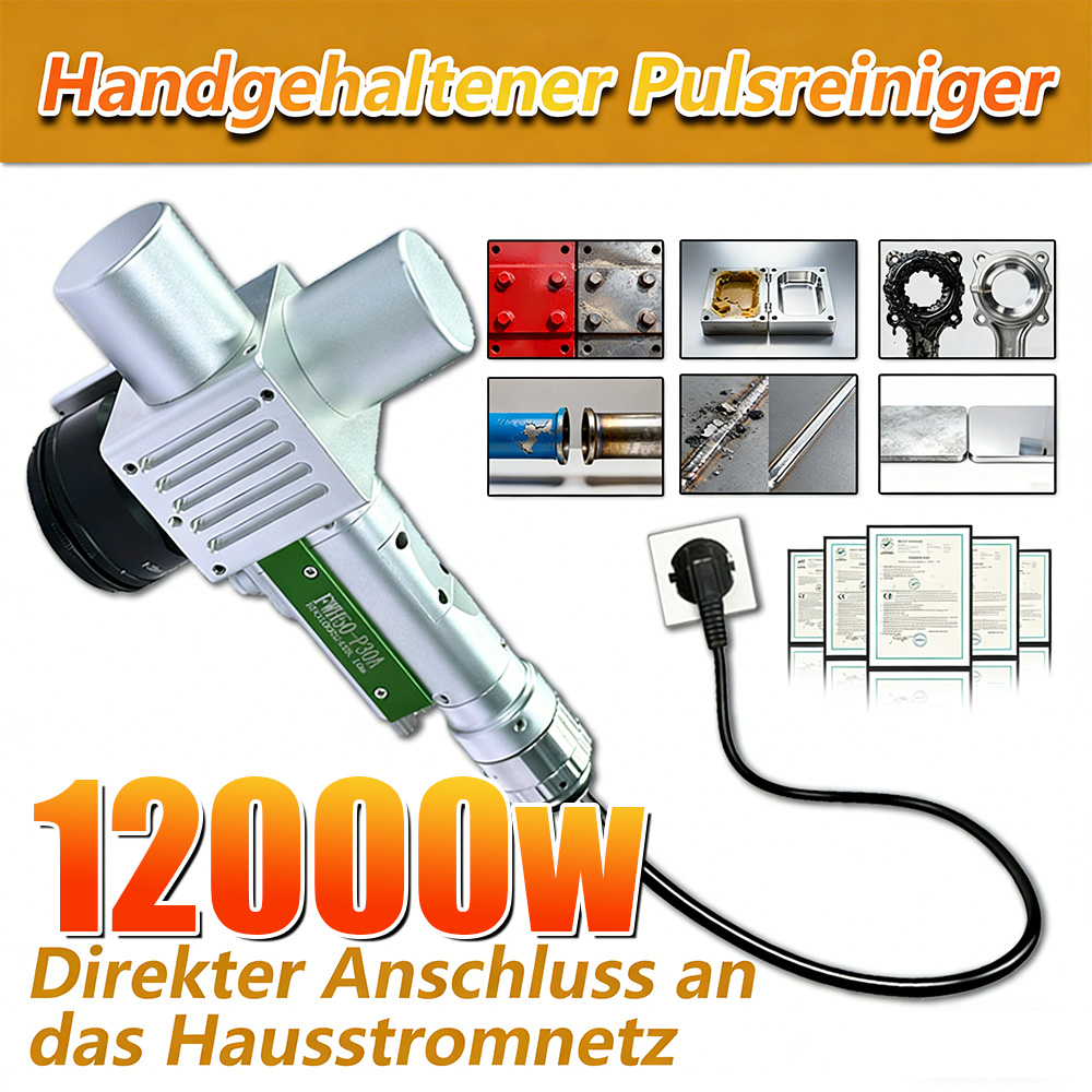 Handgeführter Puls-Laserreiniger mit 12000 W Leistung. Entfernt Rost, Öl, Farbe und Verschmutzungen auf Metall, Holz und Stein. Mehrere Reinigungsmodi für flexible, materialschonende Industrieanwendungen.
