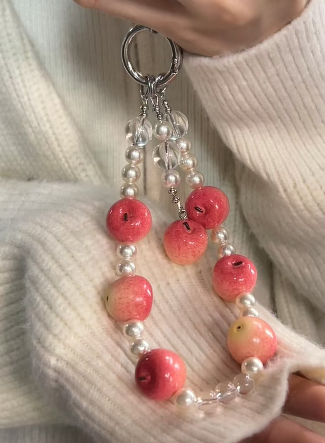Handmade Crystal Phone Lanyard for iPhone – White Crystal + Red & Gold 