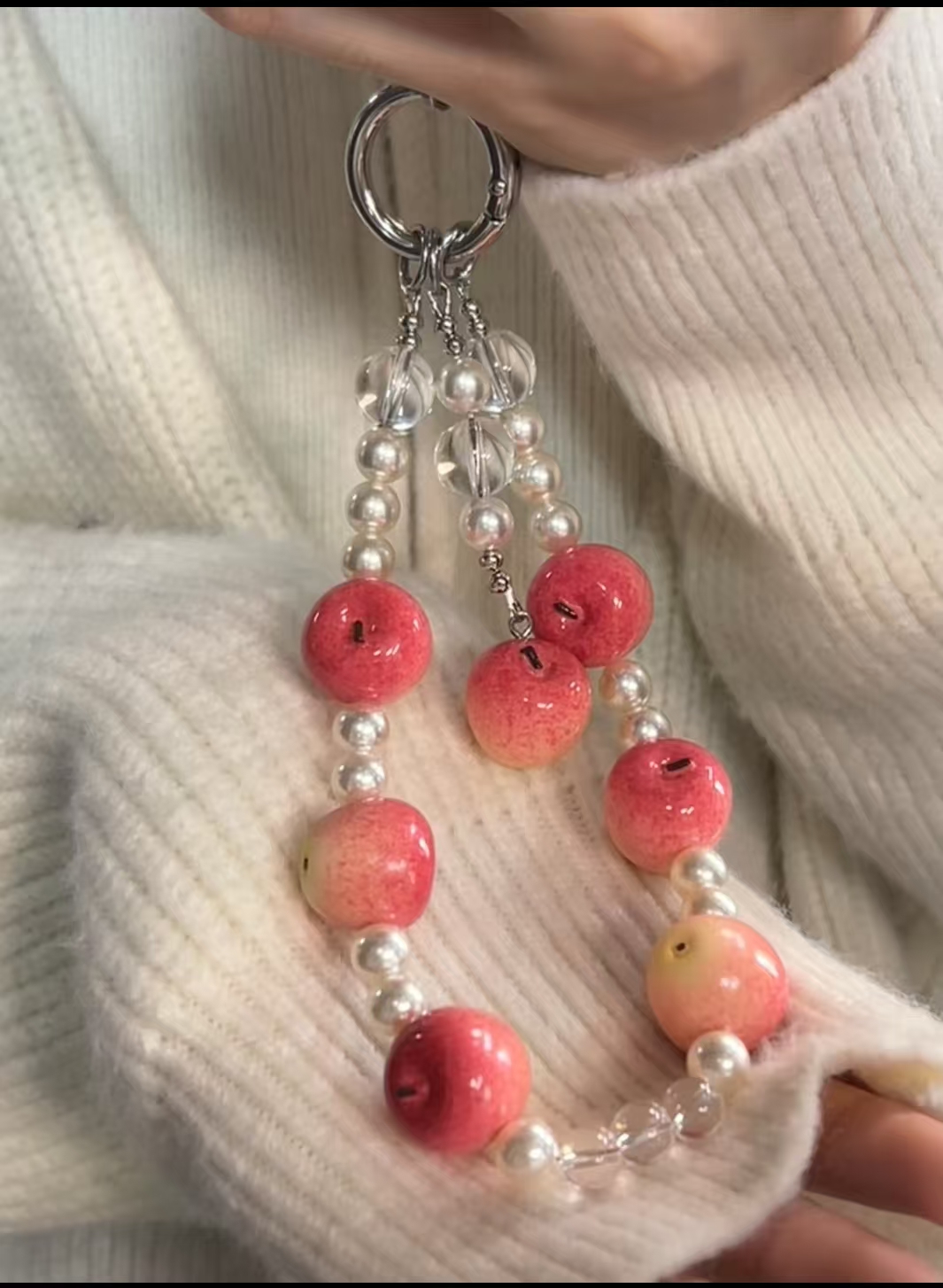 Handmade Crystal Phone Lanyard for iPhone – White Crystal + Red & Gold 