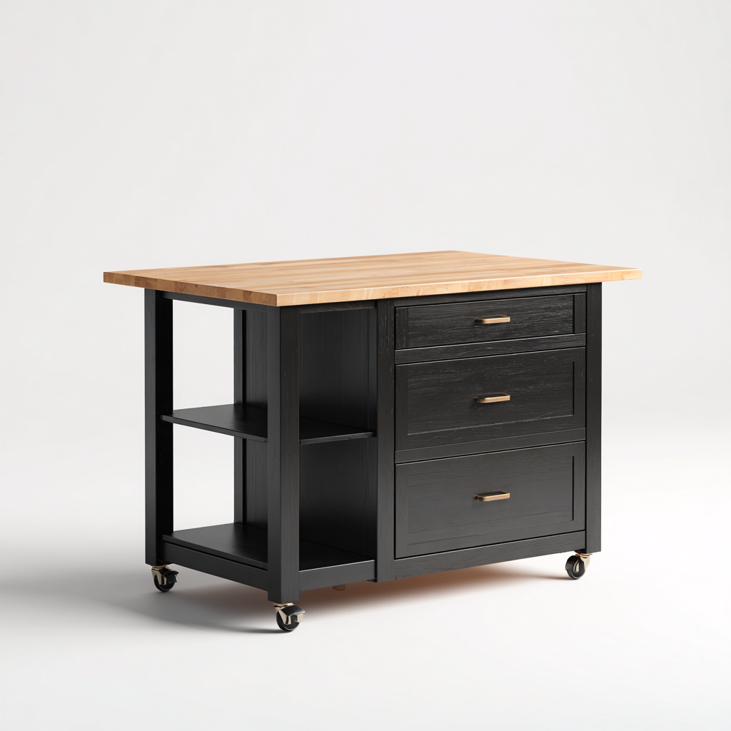 Isla de cocina madera-metal 110x60x90 cm - negro - madera natural - diseño funcional para cocina-Nestupyard