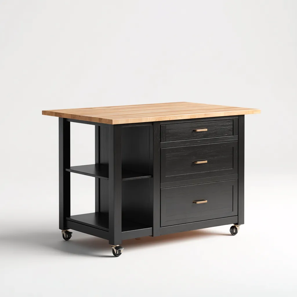 Isla de cocina madera-metal 110x60x90 cm - negro - madera natural - diseño funcional para cocina-Nestupyard