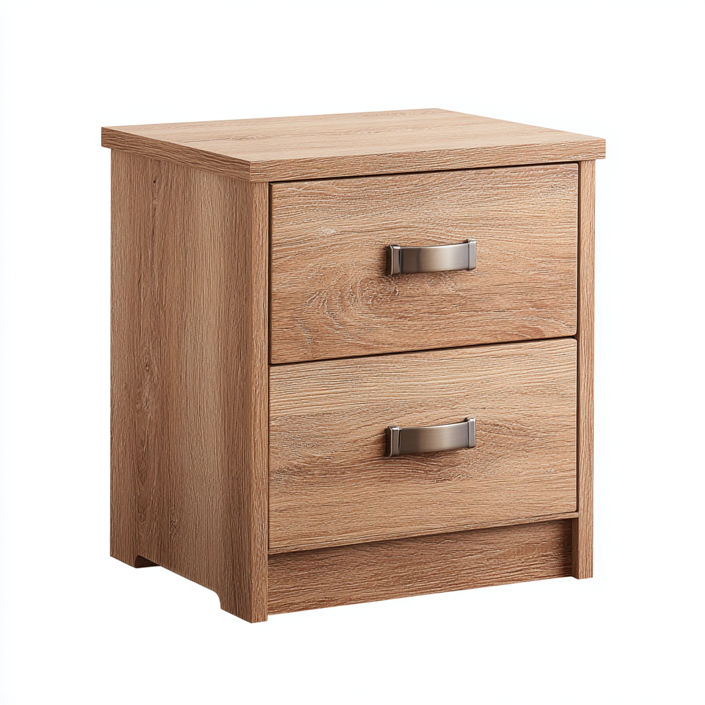 Mesita de noche madera 45x35x55 cm - roble claro - plateado - dos cajones - apta para dormitorio - diseño moderno-Nestupyard