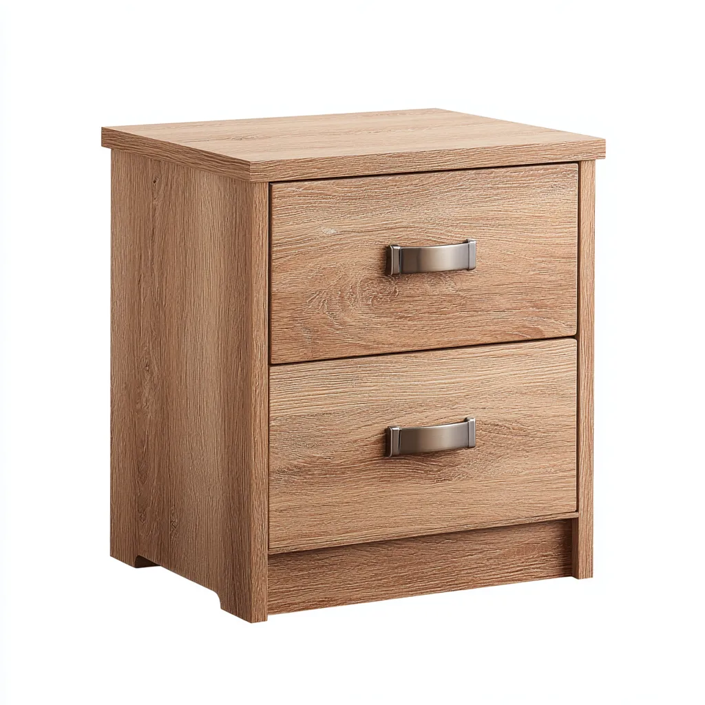 Mesita de noche madera 45x35x55 cm - roble claro - plateado - dos cajones - apta para dormitorio - diseño moderno-Nestupyard