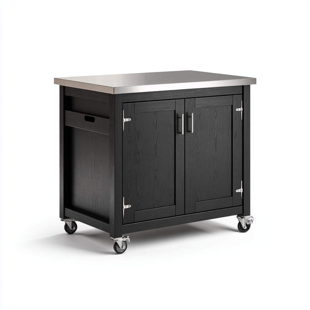 Isla de cocina madera - acero inoxidable 112x60x90 cm - negro - acero inoxidable - apta para cocina - diseño moderno-Nestupyard