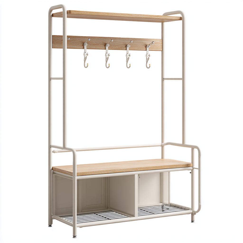 Perchero metal y madera 100x40x180 cm - blanco - madera clara - diseño moderno - apto para entrada-Nestupyard