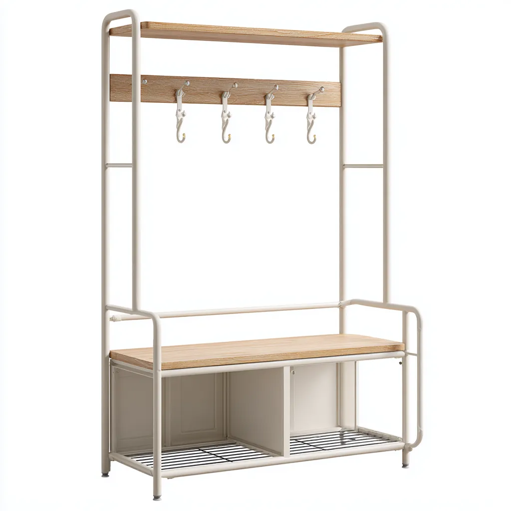 Perchero metal y madera 100x40x180 cm - blanco - madera clara - diseño moderno - apto para entrada-Nestupyard