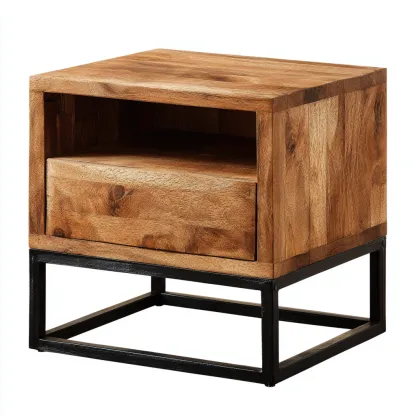 Mesita de noche de madera y metal 50x40x55 cm - marrón - negro - estilo industrial para dormitorio-Nestupyard