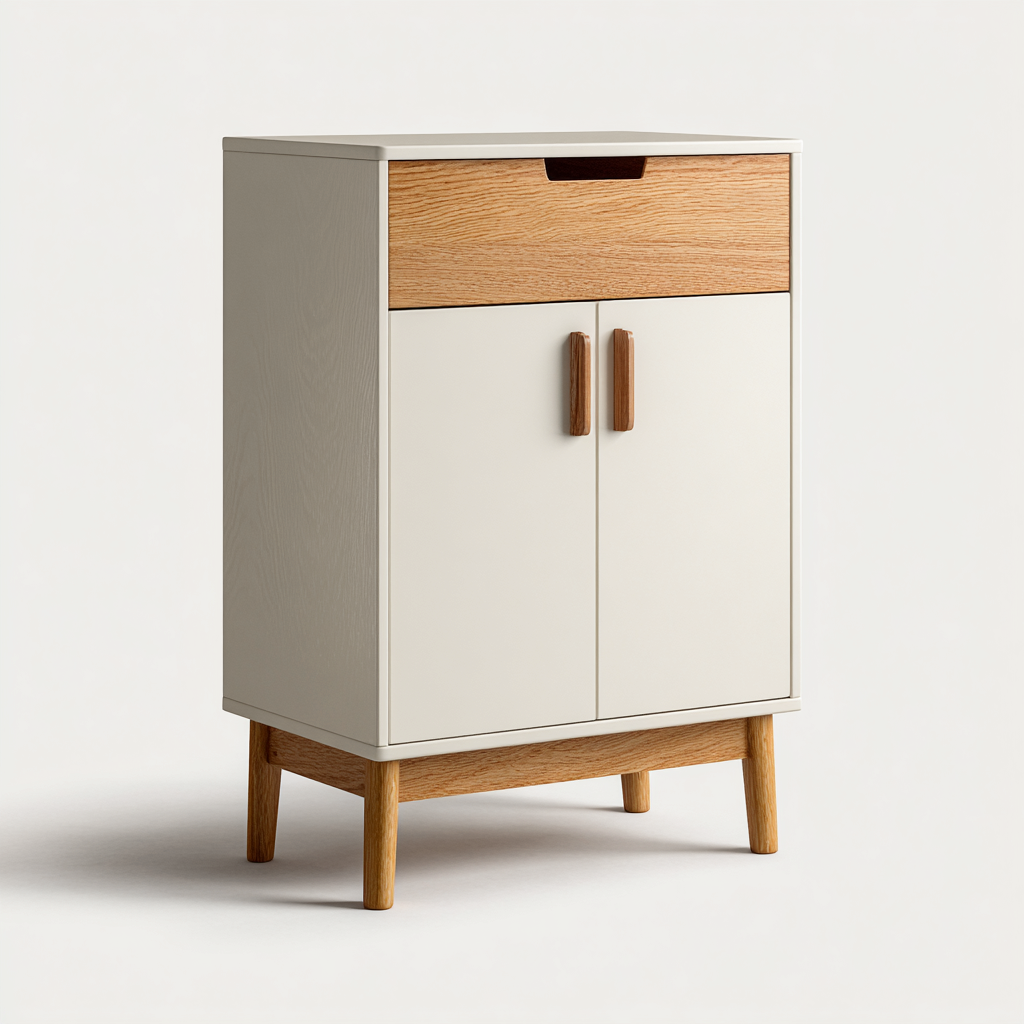 Zapatero de madera con puerta y cajón 60x35x90 cm - blanco - madera natural - diseño moderno apto para entrada-Nestupyard