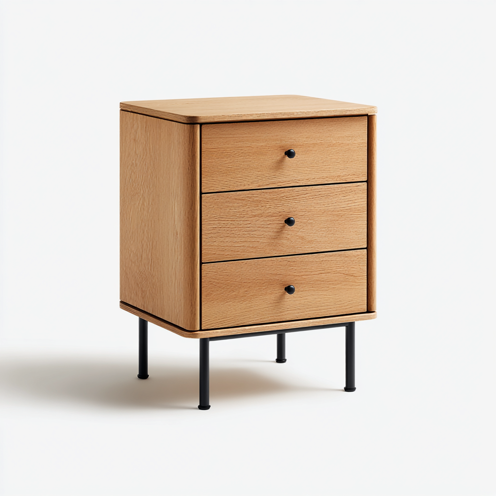 Mesita de noche madera 45x35x65 cm - roble claro - negro - tres cajones - apta para dormitorio - diseño moderno-Nestupyard