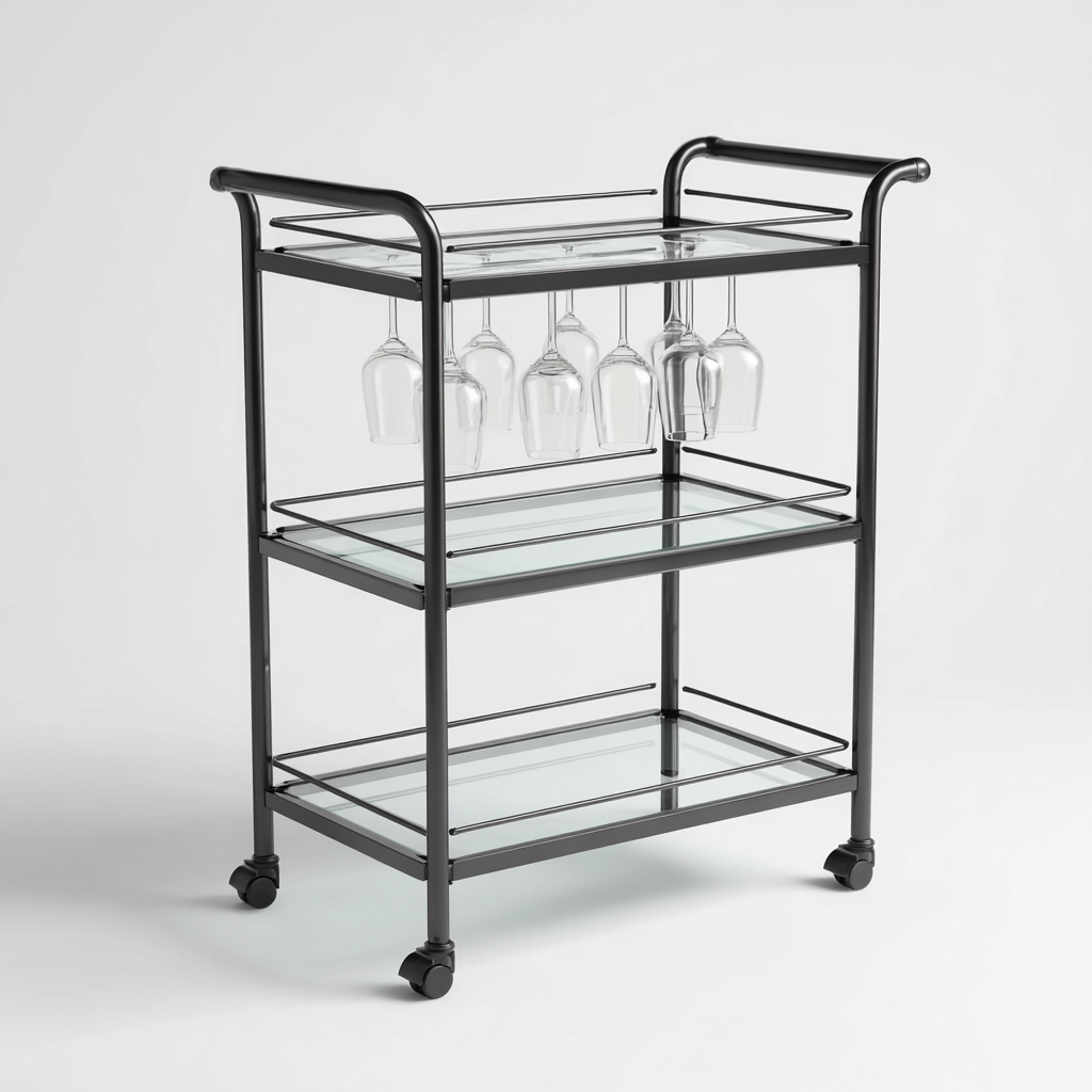 Carrito de cocina metal - cristal 68x38x90 cm - negro - apto para cocina - estantes abiertos-Nestupyard