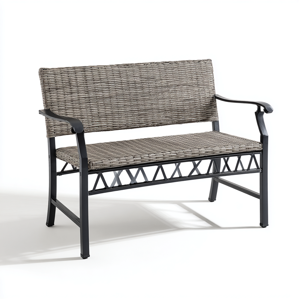 Banco de jardín ratán metal 130x56x87 cm - gris - negro - estilo natural adecuado para exteriores y jardín-Nestupyard