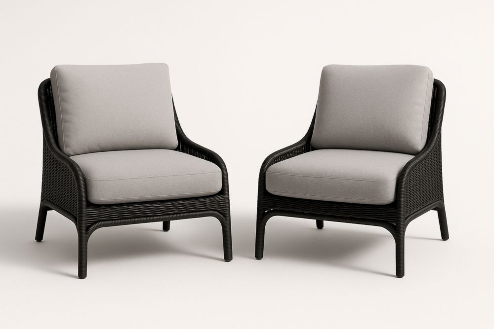 Set 2 Poltrone in Rattan Sintetico con Cuscini Grigi