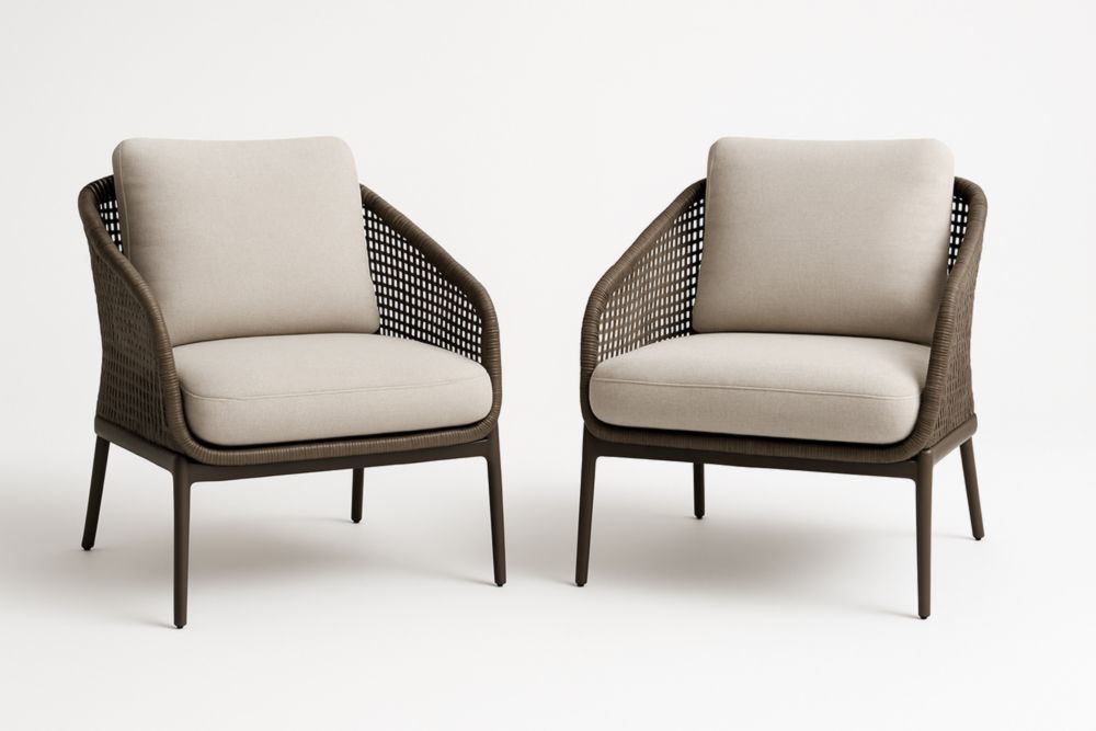 Set di 2 Poltrone in Rattan con Telaio in Metallo e Cuscini in Poliestere Beige